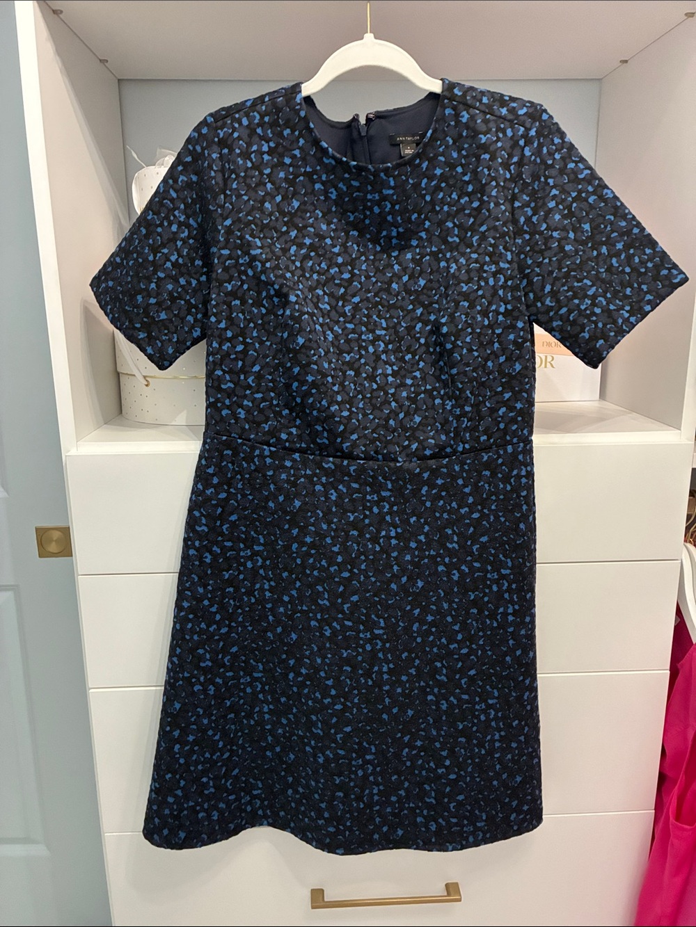 Ann Taylor Black Dress with Small Blue Leopard Print